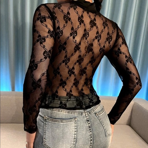 Black lace insert mock neck blouse - Picture 3 of 5